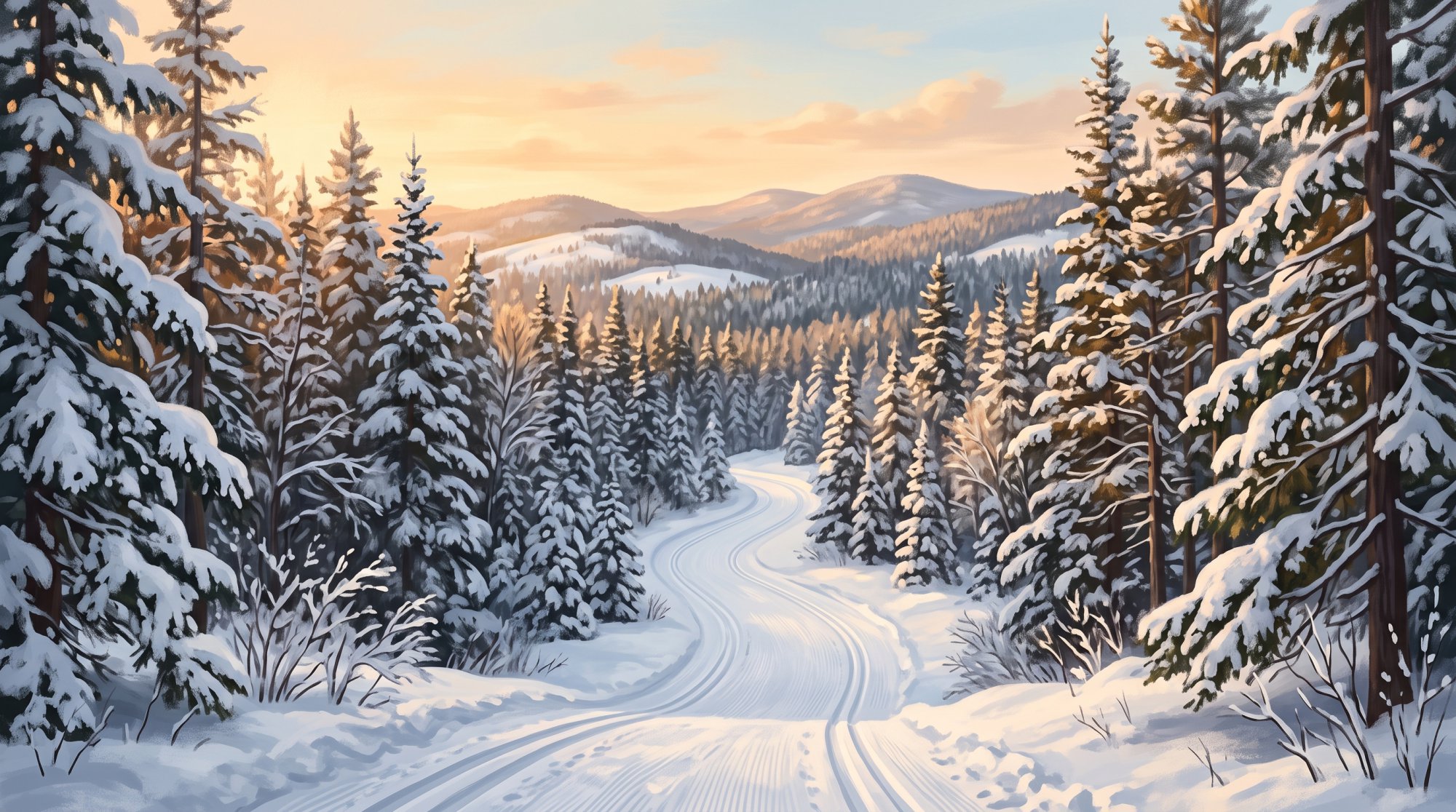 Illustration of a snow-covered spruce forest with a groomed trail winding between the trees in winter