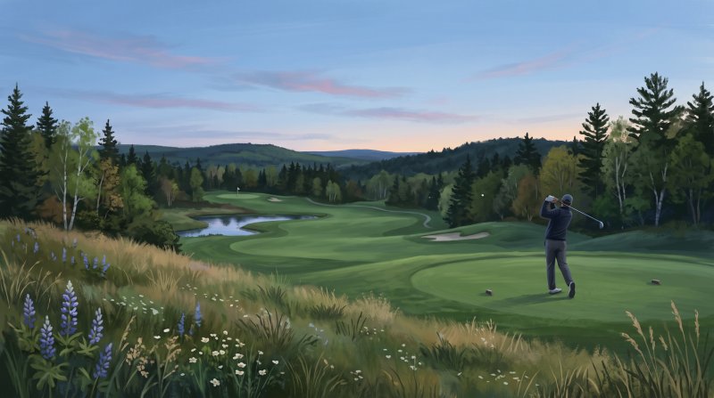 Illustration of I need images of people golfing in the summeer and spring of the year in Aroostook County maine at one of the local golf courses.