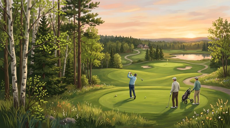 Illustration of I need images of people golfing in the summeer and spring of the year in Aroostook County maine at one of the local golf courses.