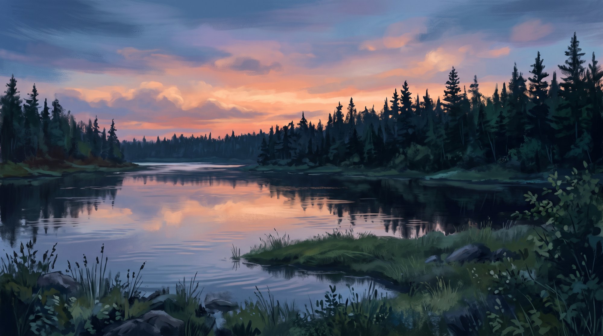 Illustration of a calm river reflecting a glowing evening sky, with dark spruce along the far bank in summer