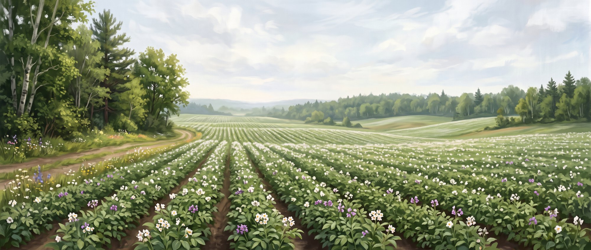 Illustration of a wide field of blooming potato plants stretching to a distant treeline in summer
