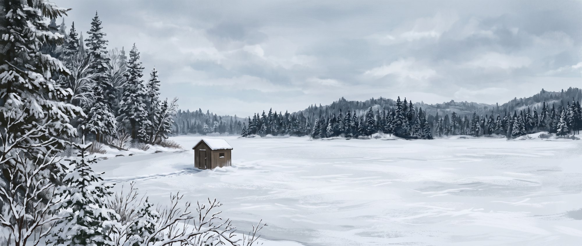 Illustration of a frozen lake under a pale winter sky with a small ice-fishing shanty and a line of snowy spruce in winter