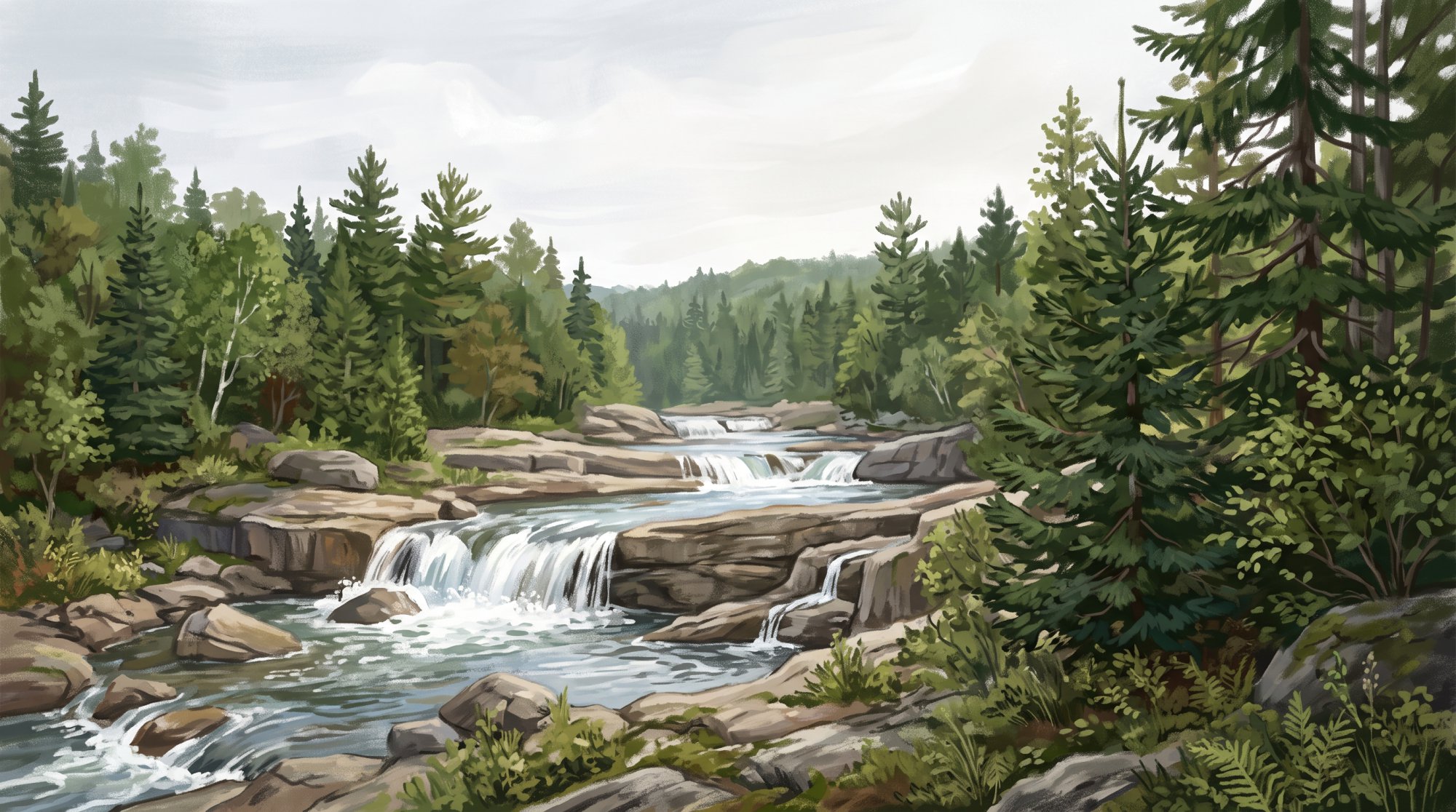 Illustration of a river tumbling over broad stone ledges in a gentle waterfall surrounded by evergreens in summer