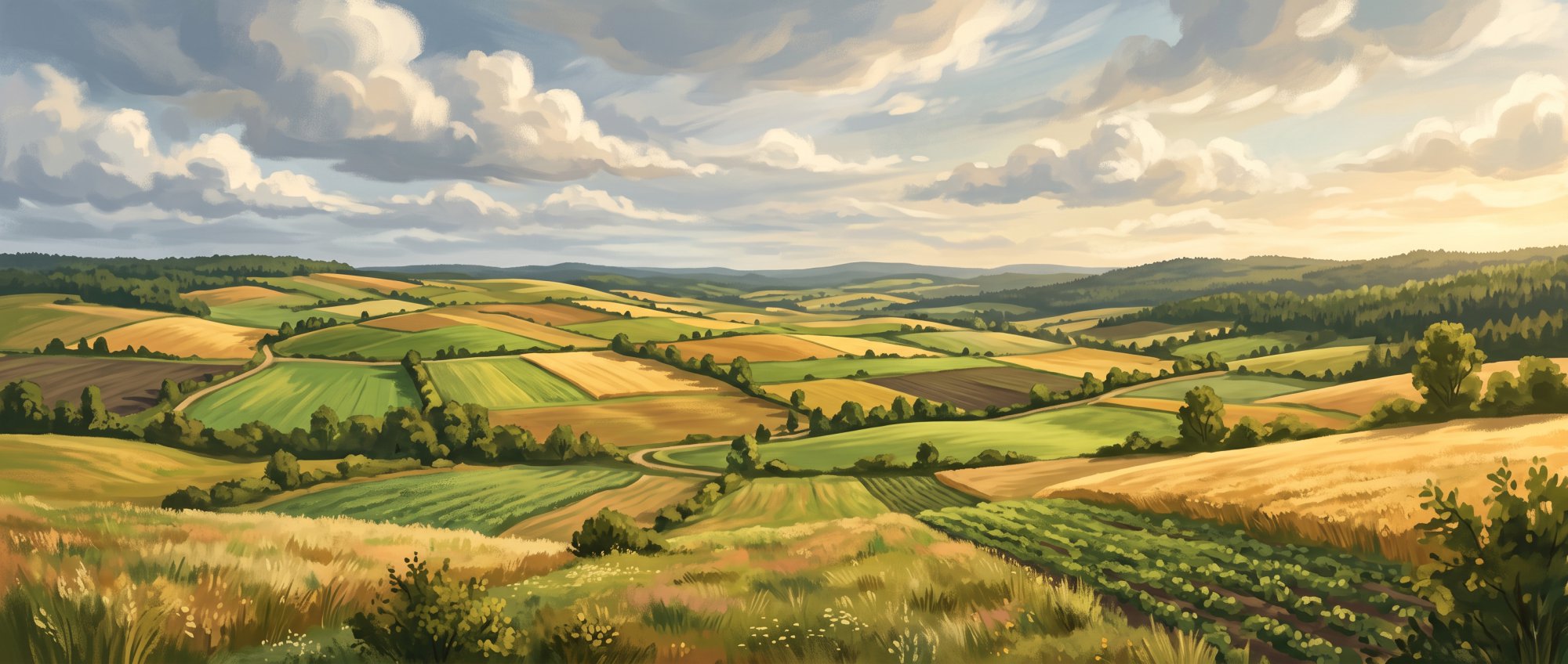 Illustration of open rolling farmland under dramatic clouds with a patchwork of green and gold fields in summer