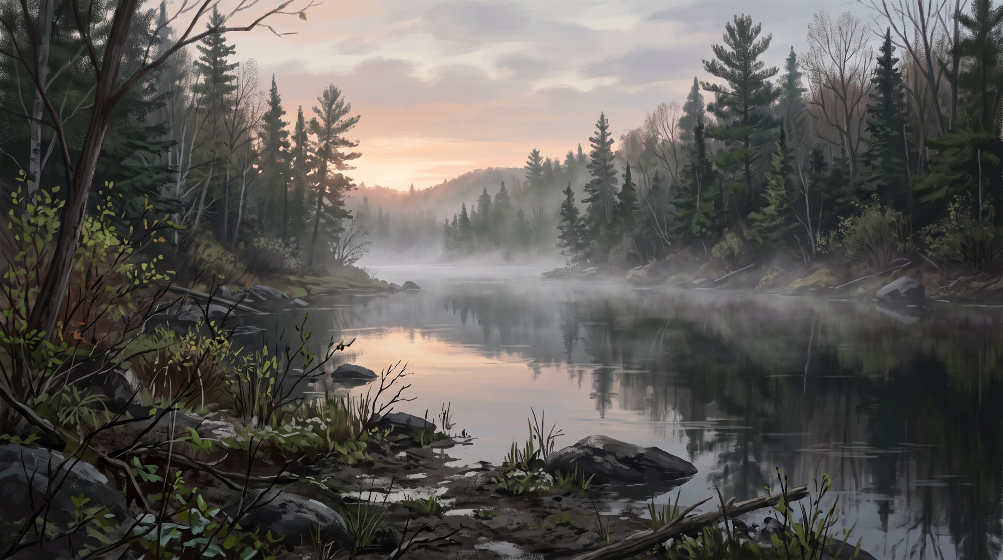 Illustration of a still river with mist rising from the water between forested banks in spring