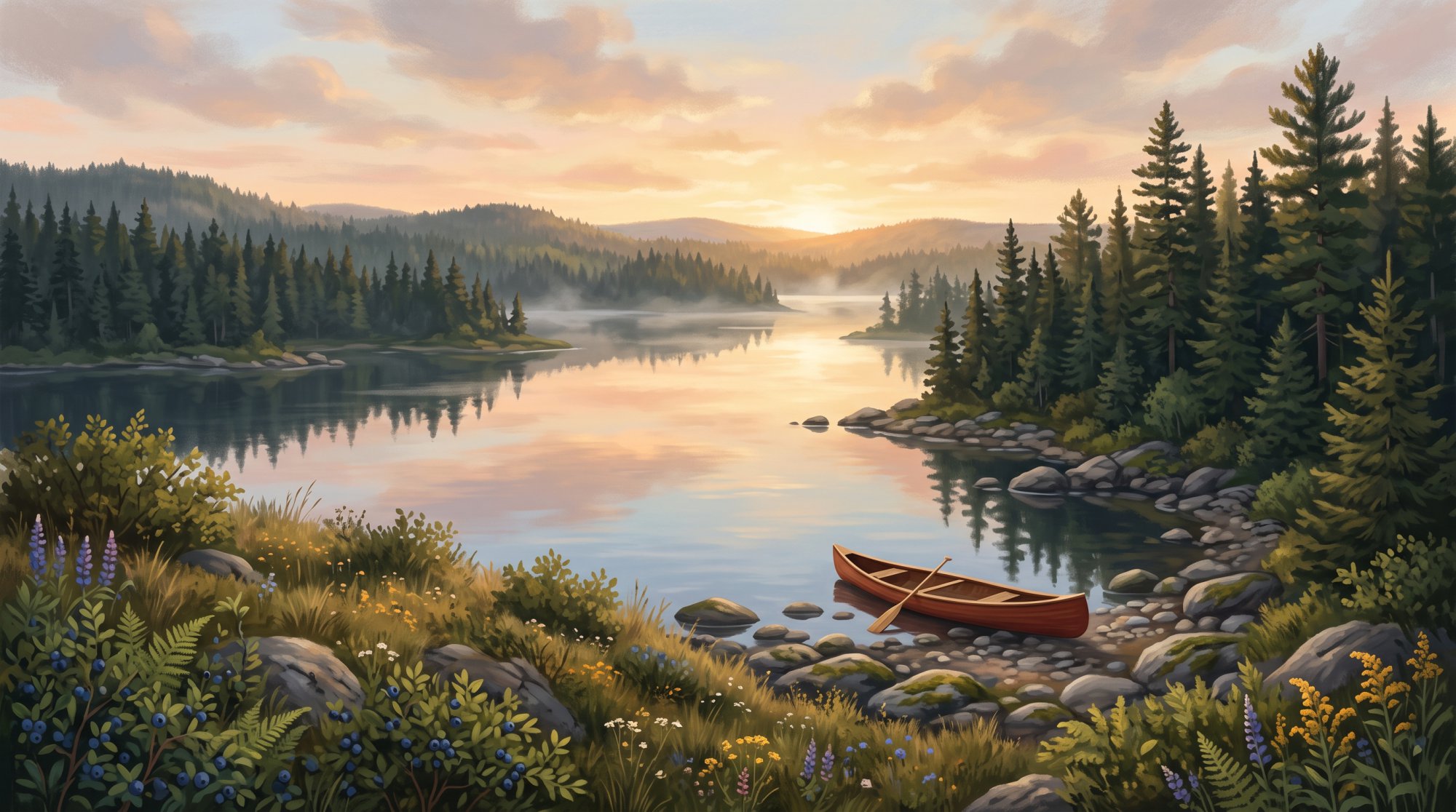 Illustration of a quiet lake at dawn with a canoe resting on a rocky shore and spruce trees behind in summer