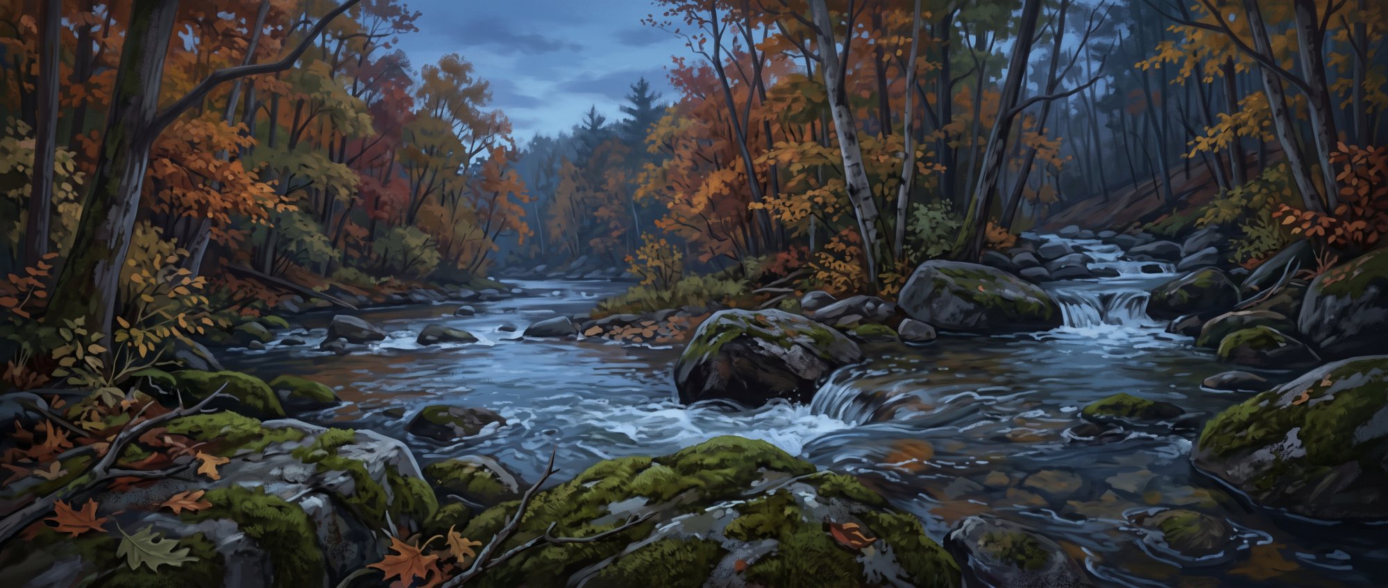 Illustration of a clear brook tumbling over mossy rocks through a quiet hardwood forest in fall