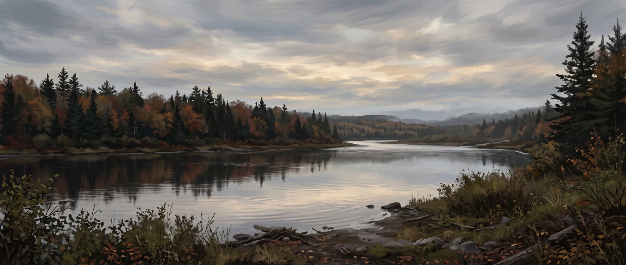 Illustration of a calm river reflecting a glowing evening sky, with dark spruce along the far bank in fall