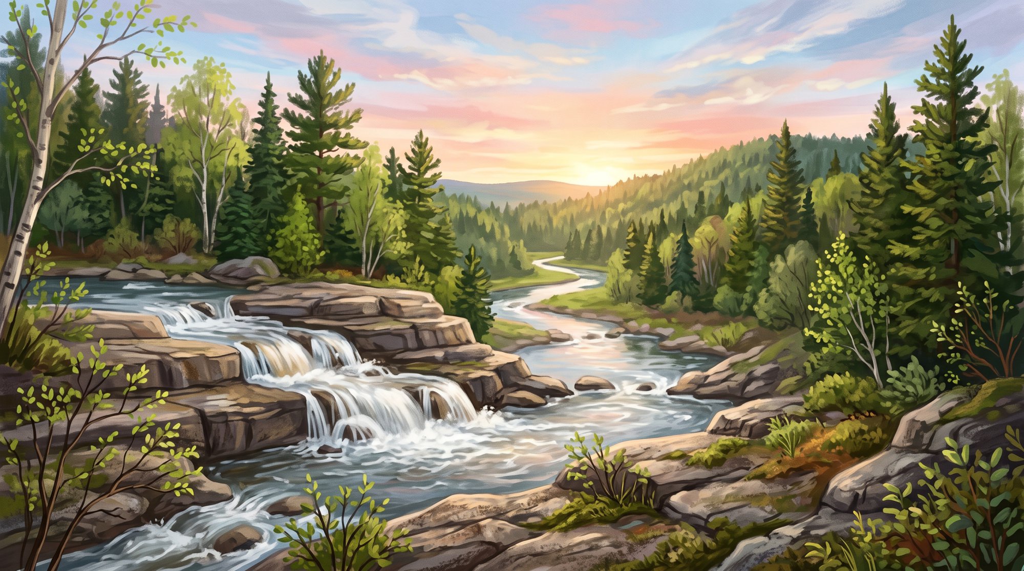 Illustration of a river tumbling over broad stone ledges in a gentle waterfall surrounded by evergreens in spring