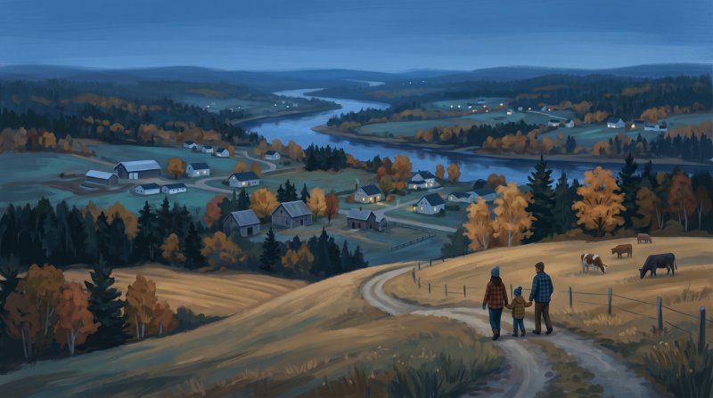 Illustration of I would like images that depict authentic Acadian and French Settlement in Aroostook County Maine. I want each image to depict a different scene based on Acadian and French Settlement in the season I have selected. I would like modern d...