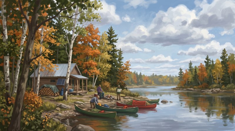 Illustration of I would like images that depict authentic The Allagash and the North Woods in Aroostook County Maine. I want each image to depict a different scene based on The Allagash and the North Woods in the season I have selected. The images need...