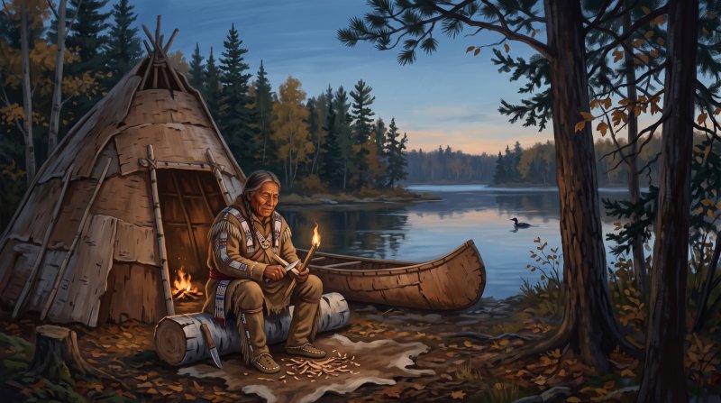 Illustration of I would like images that depict authentic First Peoples of The County in Aroostook County Maine. I want each image to depict a different scene based on First Peoples of The County in the season I have selected. The images need to depict...