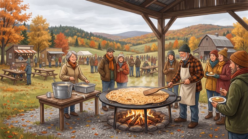 Illustration of I would like images that depict authentic Foods of The County in Aroostook County Maine. I want each image to depict a different scene based on Foods of The County in the season I have selected. The image needs to feature the Joe and Ja...