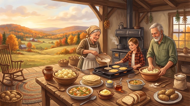 Illustration of I would like images that depict authentic Foods of The County in Aroostook County Maine. I want each image to depict a different scene based on Foods of The County in the season I have selected. The image needs to feature Maine Acadian ...