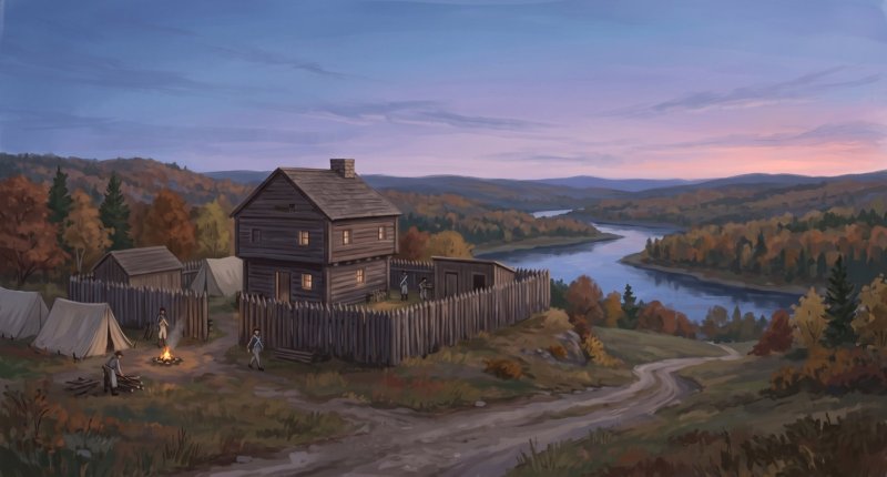 Illustration of I would like images that depict authentic Forts, Blockhouses and Historic Sites in Aroostook County Maine. I want each image to depict a different scene based on Forts, Blockhouses and Historic Sites in the season I have selected. The i...