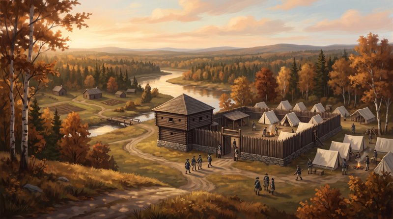 Illustration of I would like images that depict authentic Forts, Blockhouses and Historic Sites in Aroostook County Maine. I want each image to depict a different scene based on Forts, Blockhouses and Historic Sites in the season I have selected. The i...