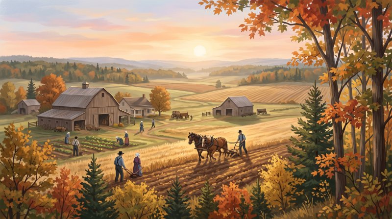 Illustration of I would like images that depict authentic Immigrant Communities in Aroostook County Maine. I want each image to depict a different scene based on Immigrant Communities in the season I have selected. The images need to depict Early Irish...