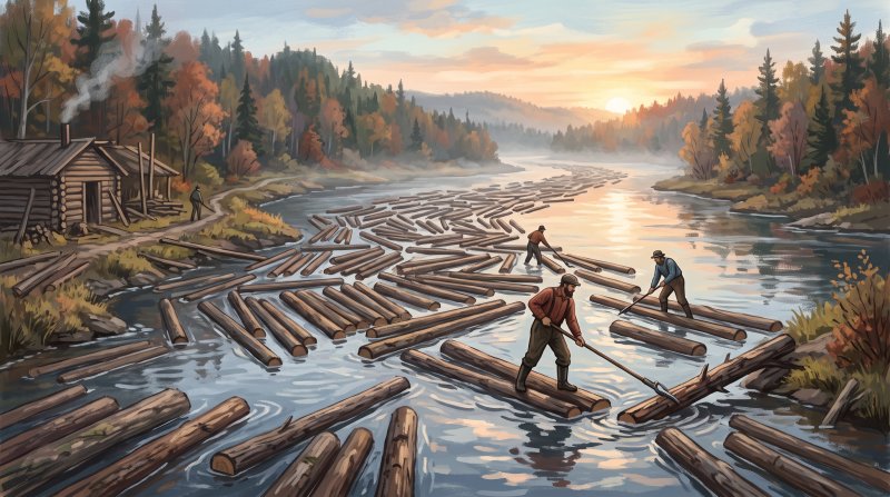 Illustration of I would like images that depict authentic Logging and the River Drives in Aroostook County Maine. I want each image to depict a different scene based on Logging and the River Drives in the season I have selected. The images need to depi...