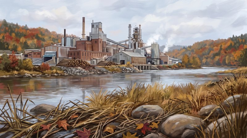 Illustration of I would like images that depict authentic Mills, Factories and the Working Economy in Aroostook County Maine. I want each image to depict a different scene based on Mills, Factories and the Working Economy in the season I have selected....