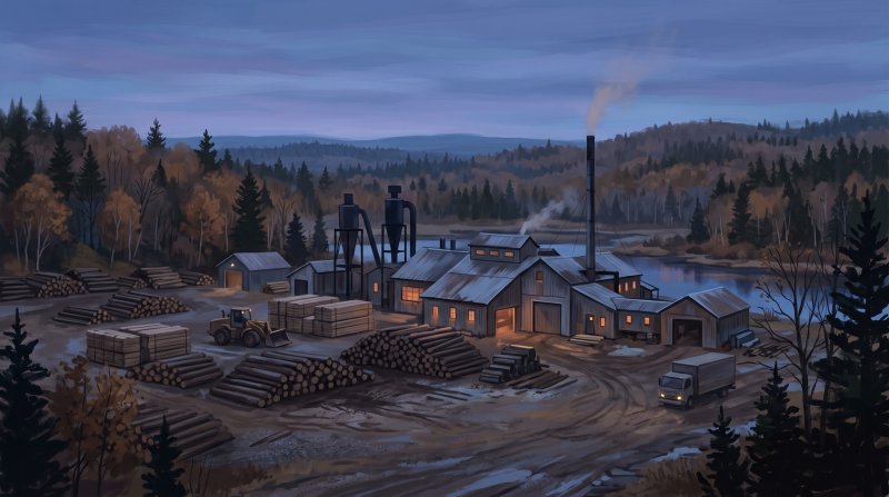 Illustration of I would like images that depict authentic Mills, Factories and the Working Economy in Aroostook County Maine. I want each image to depict a different scene based on Mills, Factories and the Working Economy in the season I have selected....
