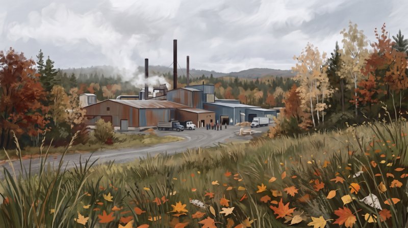 Illustration of I would like images that depict authentic Mills, Factories and the Working Economy in Aroostook County Maine. I want each image to depict a different scene based on Mills, Factories and the Working Economy in the season I have selected....