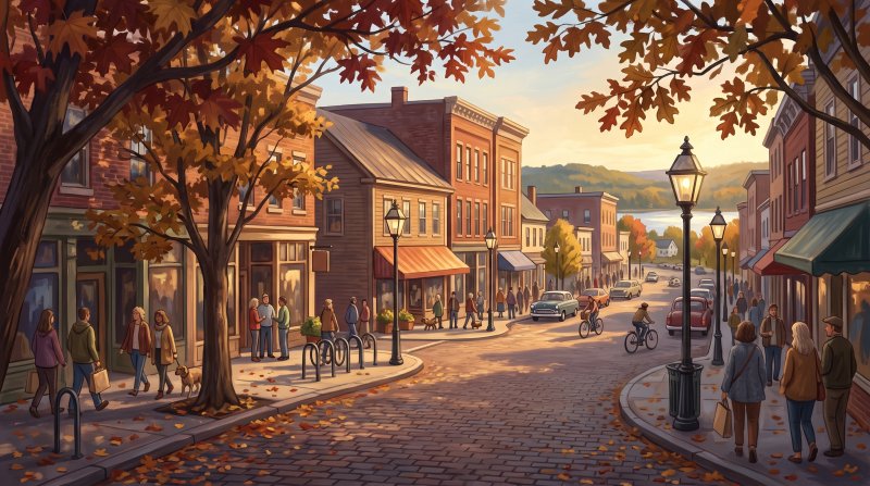 Illustration of I would like images that depict authentic Place Names of The County in Aroostook County Maine. I want each image to depict a different scene based on Place Names of The County in the season I have selected. The image needs to depict dow...