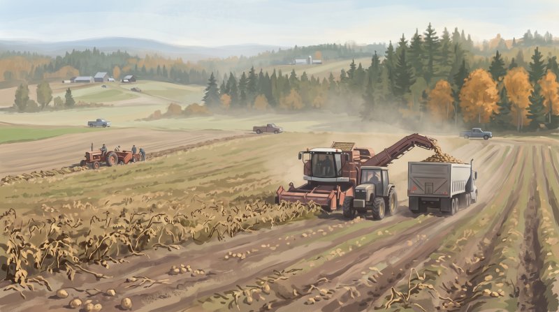Illustration of I would like images that depict authentic Potato Farming in Aroostook County Maine. I want each image to depict a different scene based on Potato Farming in the season I have selected. The images need to depict the early days of farming...