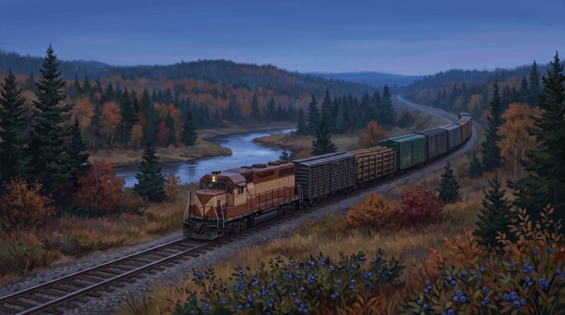 Illustration of I want images depicting different eras of railroading in Aroostook County Maine, starting with the early days into the years they stopped running rail cars through the county, and the different products or material they have hauled over...