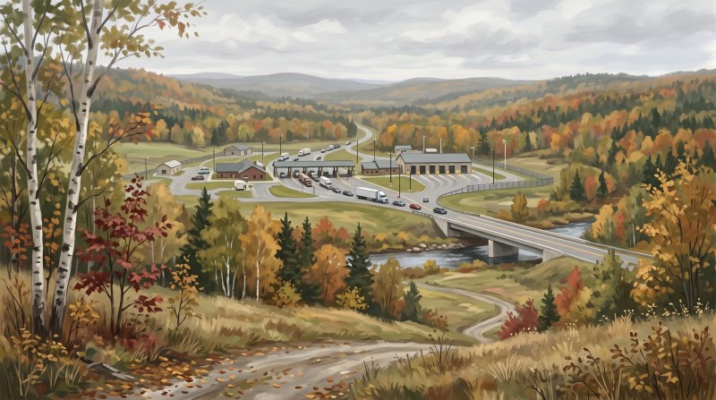 Illustration of I would like images that depict authentic Roads, Bridges and Border Crossings in Aroostook County Maine. I want each image to depict a different scene based on Roads, Bridges and Border Crossings in the season I have selected. The image...