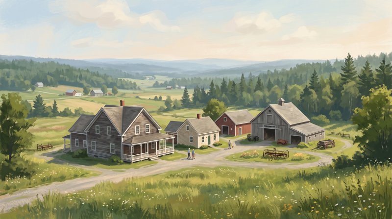 Illustration of I would like images that depict authentic Historical Societies and Museums in Aroostook County Maine. I want each image to depict a different scene based on Historical Societies and Museums in the season I have selected. The images need...