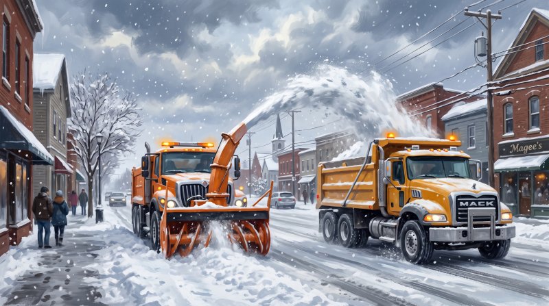 Illustration of Modern snow removal on a city street in Presque Isle, Maine, in a snowstorm. Side view from the sidewalk. A large modern truck-mounted snow blower on the left and a modern dump truck on the right, both pointing toward the right side of ...