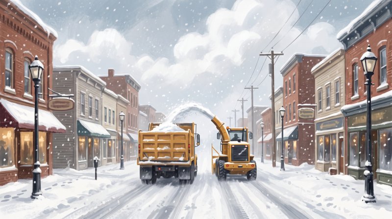 Illustration of Modern snow removal on a city street in Houlton, Maine, during a heavy snowstorm. Seen from behind both vehicles, looking down the street. A modern dump truck drives ahead, and a modern snow blower follows right behind it, both heading ...