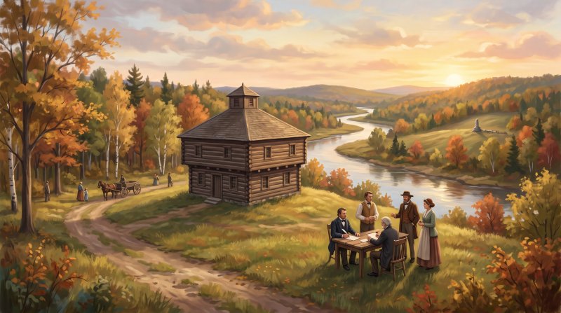 Illustration of I would like images that depict authentic The Webster-Ashburton Treaty in Aroostook County Maine. I want to use a picture of the Fort Fairfield Blockhouse Museum