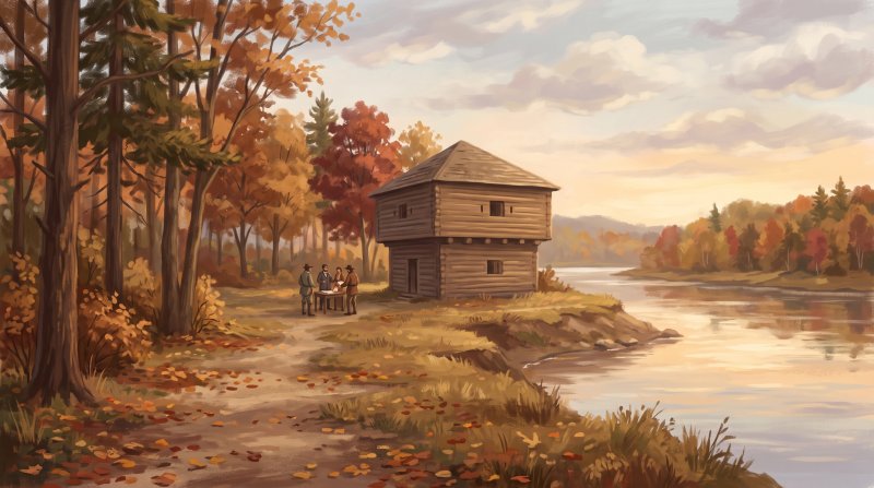 Illustration of I would like images that depict authentic The Webster-Ashburton Treaty in Aroostook County Maine. I want to use a modern image of the Fort Fairfield Blockhouse Museum in Fort Fairfield Maine. I do not want an older style image, it needs...