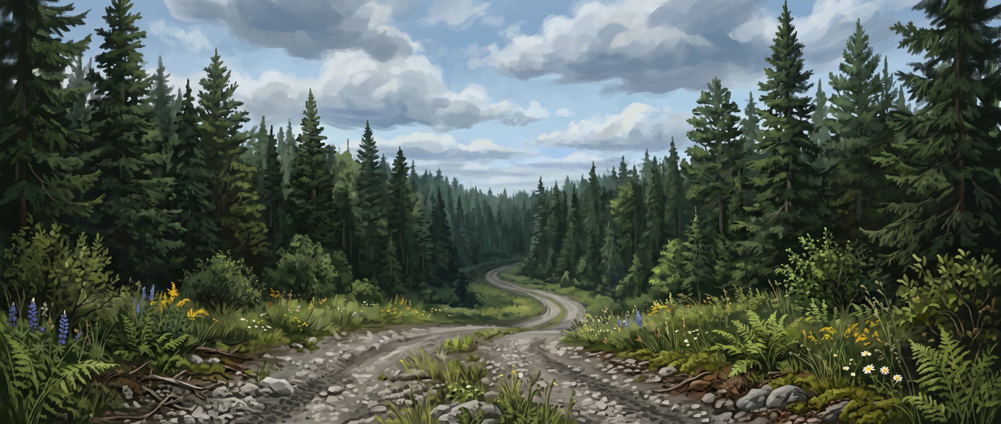 Illustration of a gravel woods road disappearing into a tall evergreen forest in summer