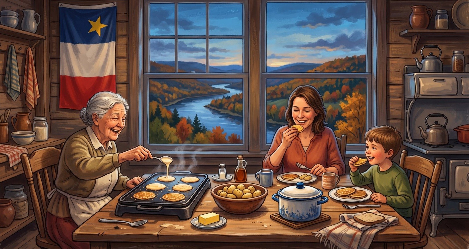 Illustration of Vibrant colors. A modern Acadian family kitchen table in the St. John Valley: a griddle of golden ployes (buckwheat pancakes), a bowl of potatoes, a blue and white enamel pot, and an Acadian flag draped on the wall, warm window light lo...