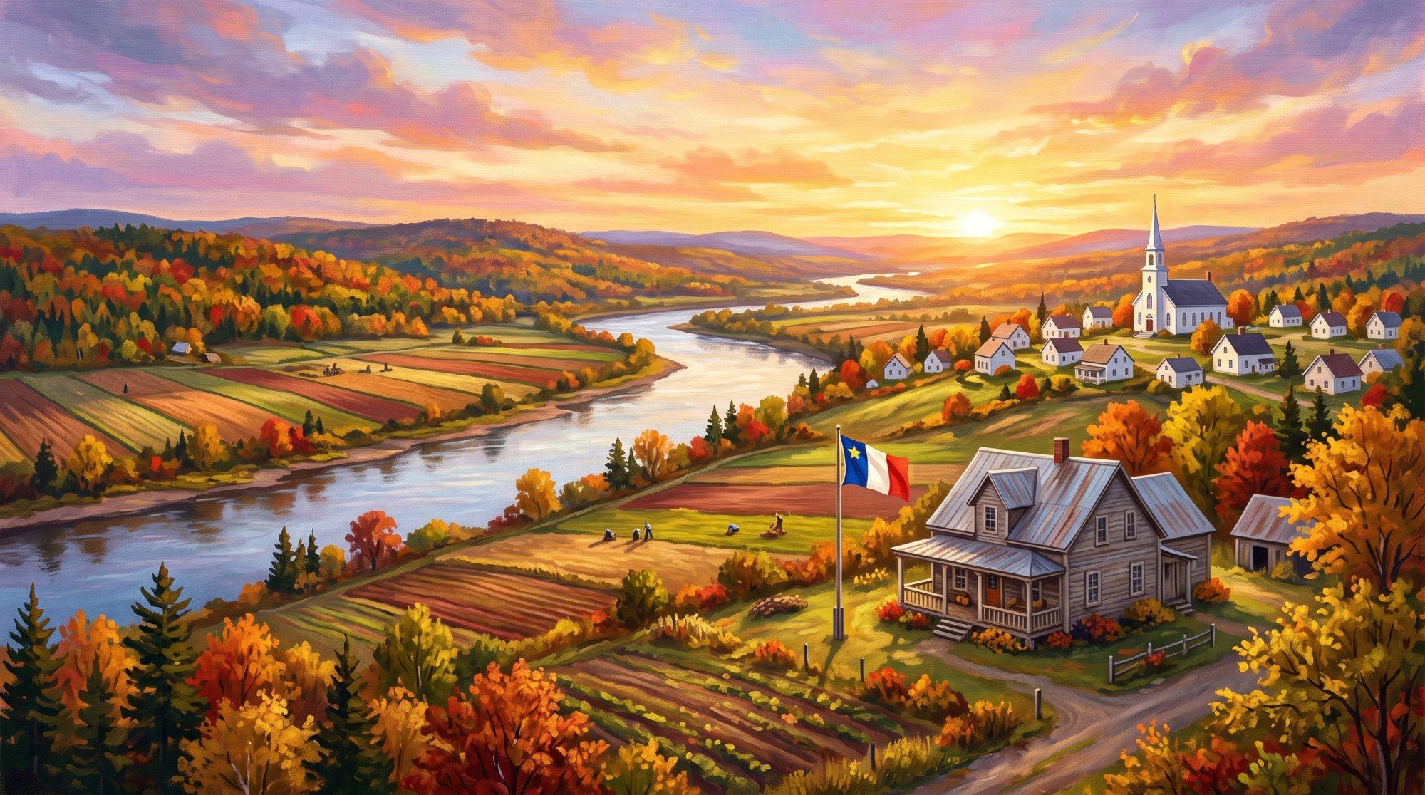 Illustration of Vibrant, richly saturated colors. Acadian heritage in the St. John Valley, Maine: a wide river valley with long narrow farm fields running down to the river, a white village church steeple, and an Acadian tricolor flag with a gold star ...