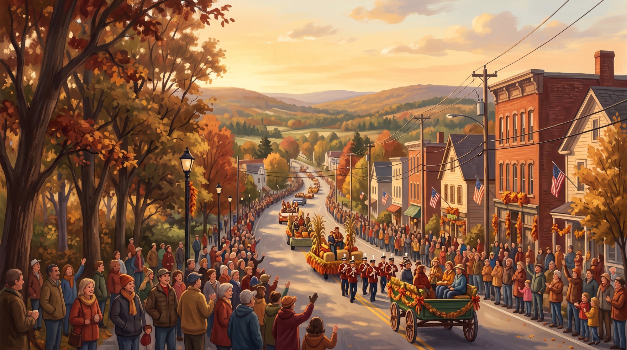 Illustration of I want an image depicting the Potato Harvest Festival in Fort Fairfield, Maine. I would like the image to be facing toward New Brunswick from the top of Main Street with the parade in full swing and people watching the parade..