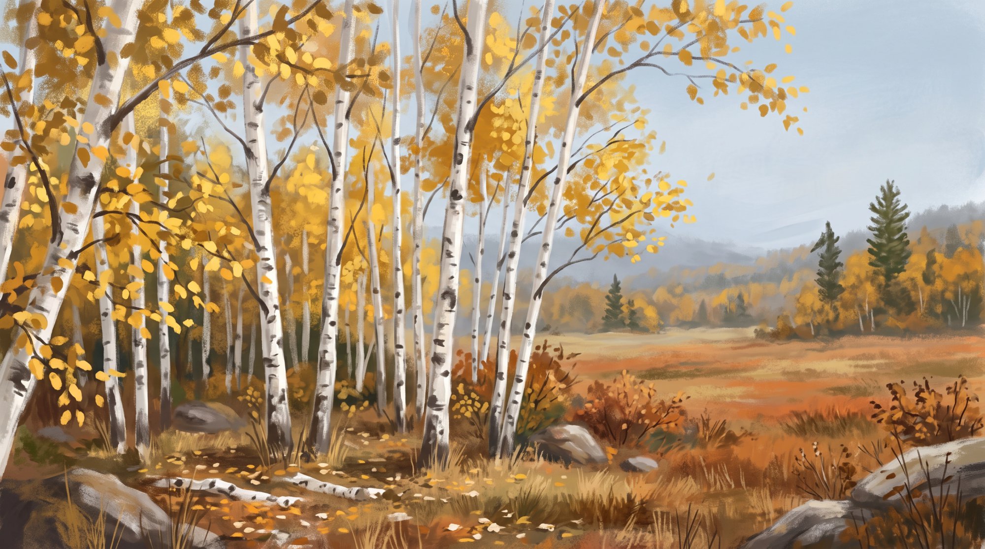 Illustration of a grove of white birch trees with golden leaves beside an open field in fall