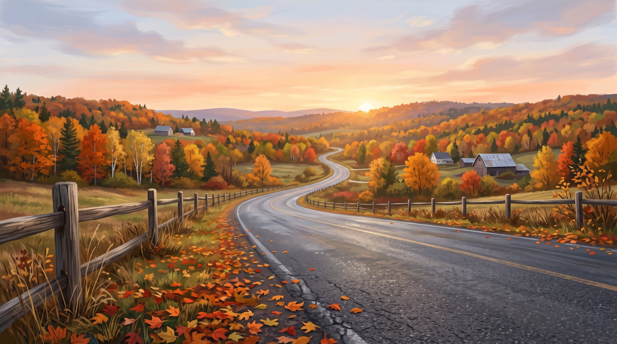 Illustration of I would like images depicting different places along the route from Houltom, Maine to Fort Fairfield Maine while driving through Aroostook County in the fall of the year with leaves in full bloom. I only want paved roads, no dirt road i...