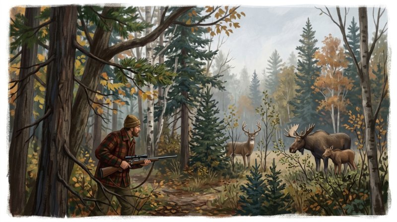 Illustration of I would like the images to depict deep woods hunting with wildlife like deer and moose in the woods with maybe a humneer it a tree stand or a hunter stalking a prey in the deep woods.