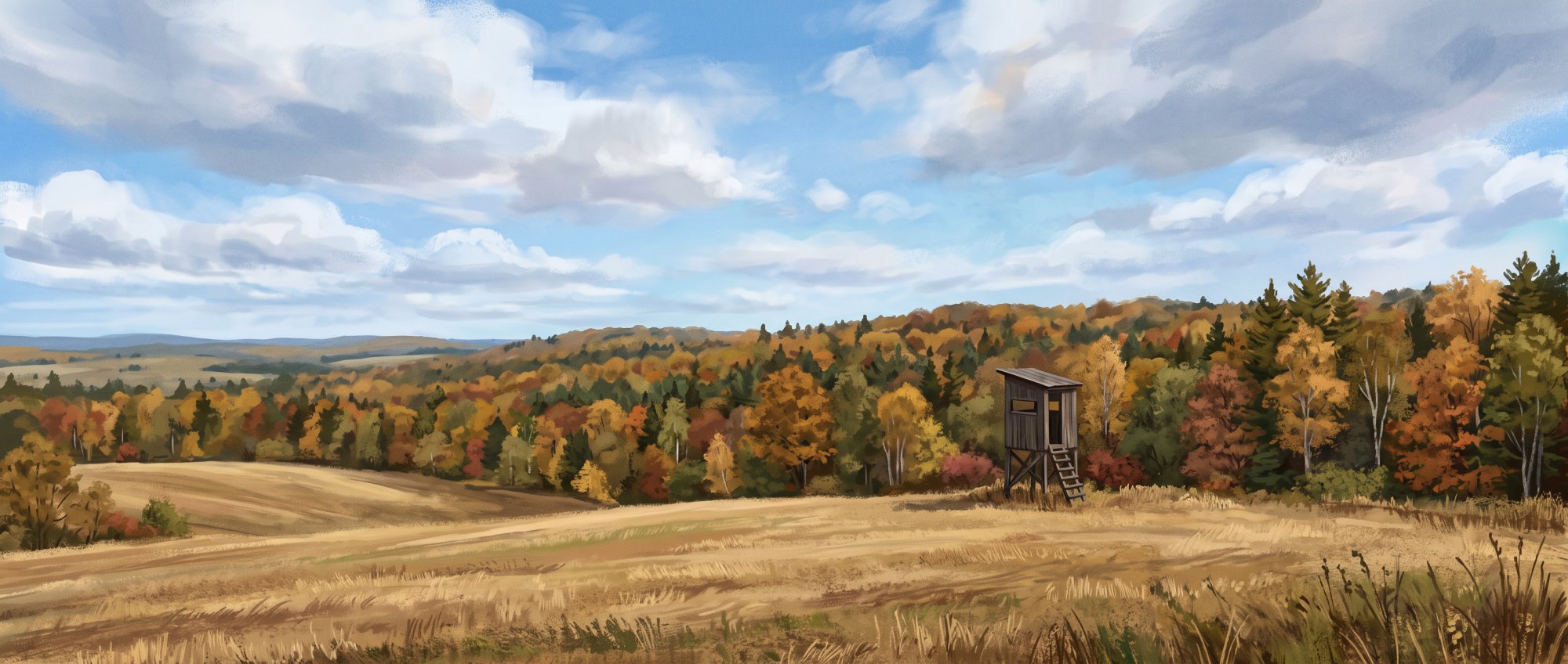 Illustration of an empty wooden hunting blind at the edge of a hayfield with a wooded ridge behind in fall