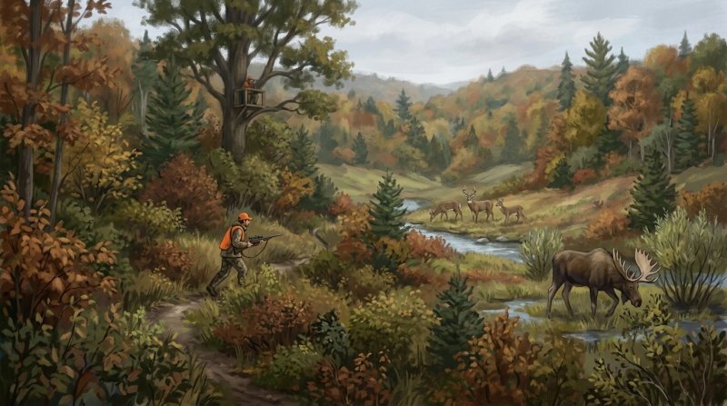 Illustration of I would like the images to depict deep woods hunting with wildlife like deer and moose in the woods with maybe a humneer it a tree stand or a hunter stalking a prey in the deep woods.