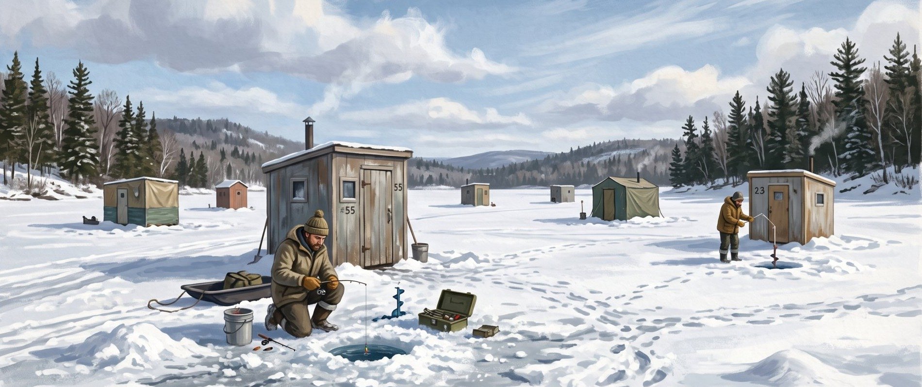 Illustration of I would like images depicting ice fishing on frozen lakes in Aroostook County Maine in the winter with fishing shacks set up and fishermen outside the fishing shacks with their lines in the lake througha hole in the ice.