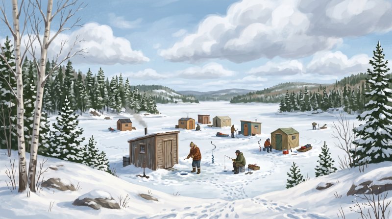 Illustration of I would like images depicting ice fishing on frozen lakes in Aroostook County Maine in the winter with fishing shacks set up and fishermen outside the fishing shacks with their lines in the lake througha hole in the ice.