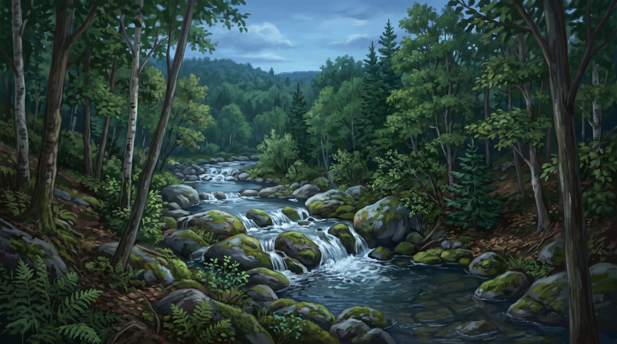 Illustration of a clear brook tumbling over mossy rocks through a quiet hardwood forest in summer