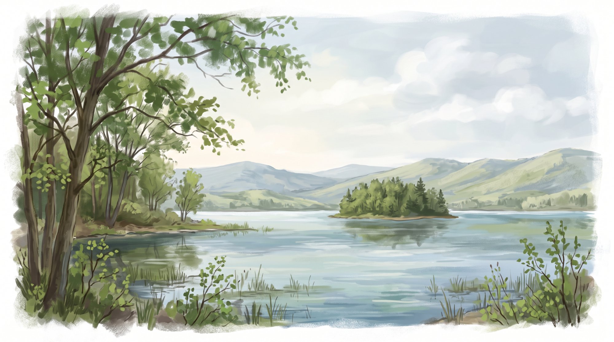 Illustration of a wide lake with a small wooded island and distant hills under a soft sky in spring