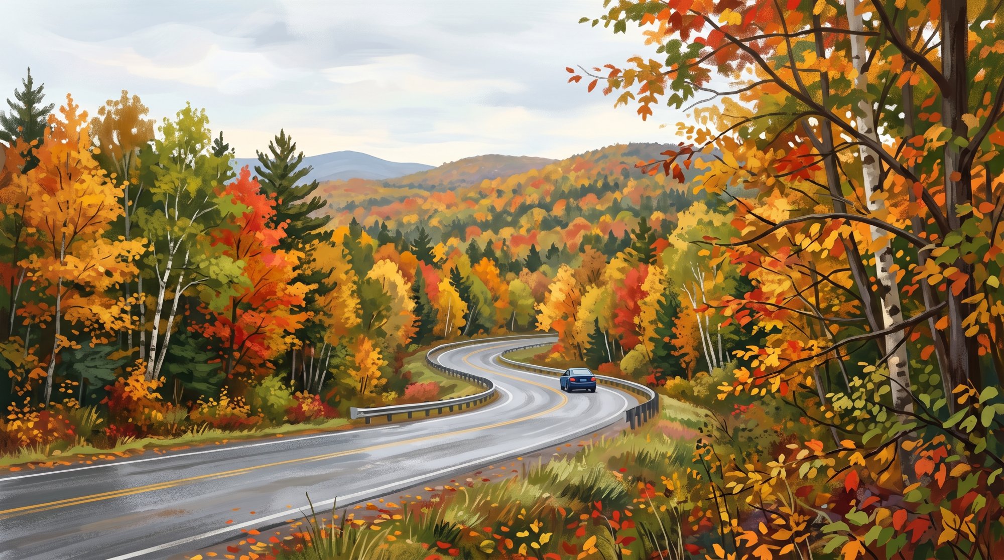 Illustration of I would like images depicting a scenic drive from Island Falls, Maine to Eagle Lake Maine. I want the images to be vibrant fall foliage images of the natural beauty the Northeern Maine and Aroostook County are known for