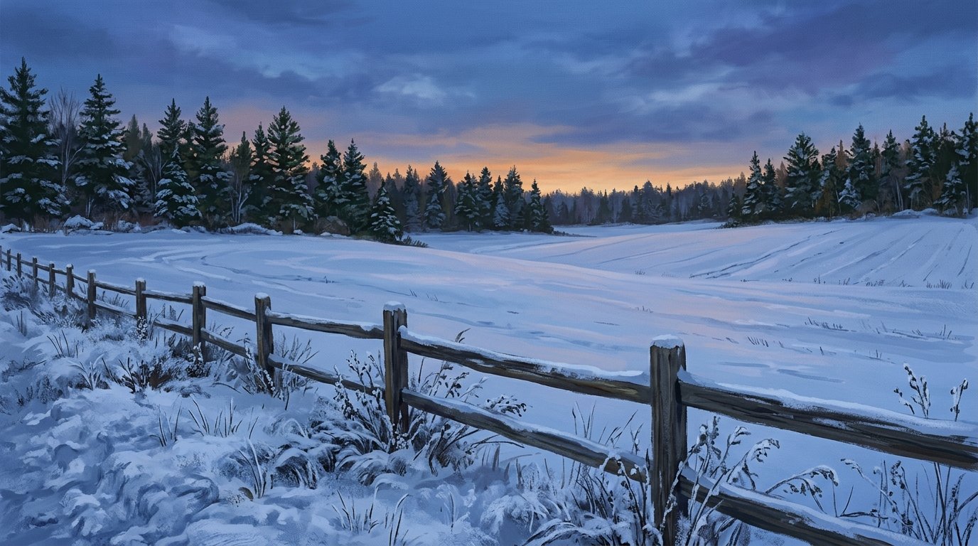 Illustration of a snow-covered farm field at dusk with a long line of evergreens and a faint glow on the horizon in winter