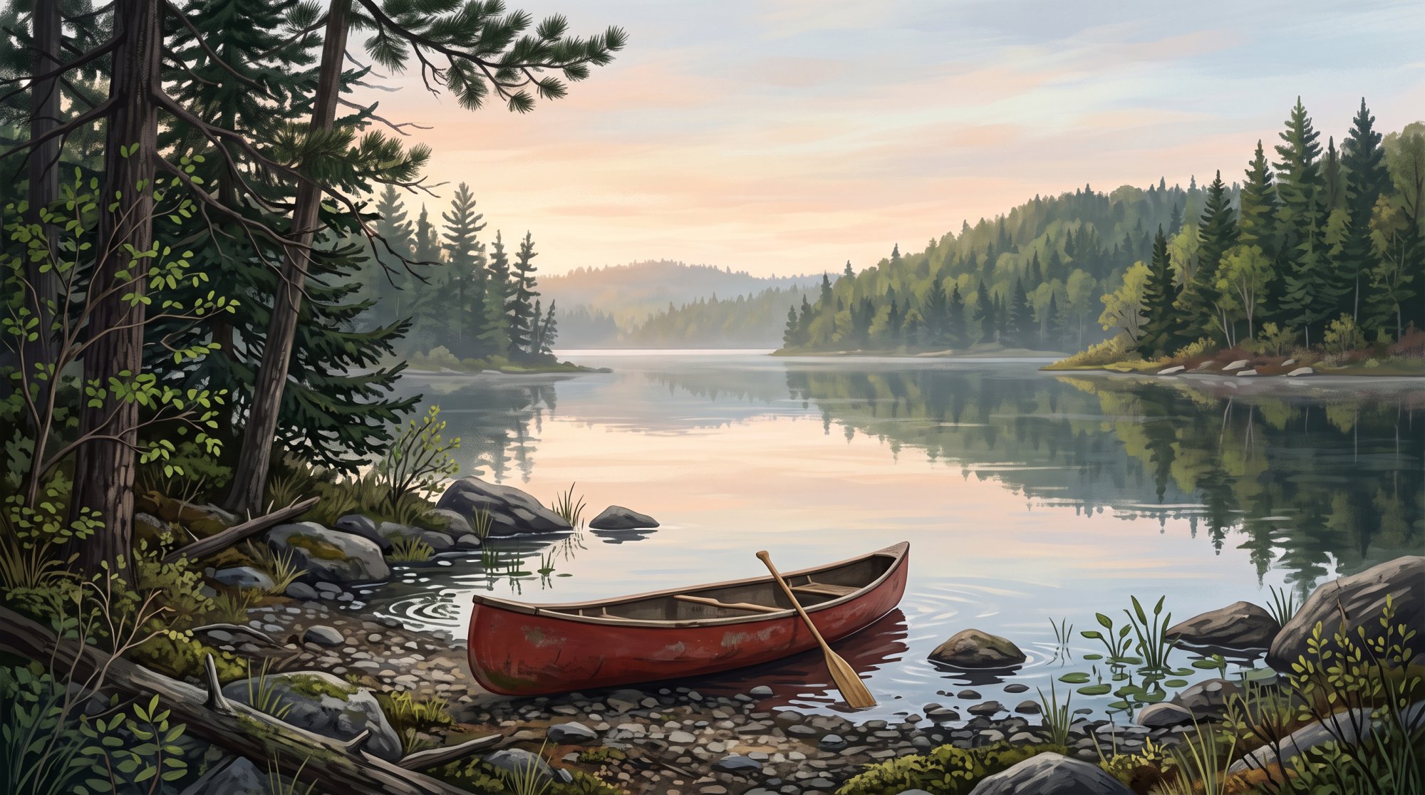 Illustration of a quiet lake at dawn with a canoe resting on a rocky shore and spruce trees behind in spring